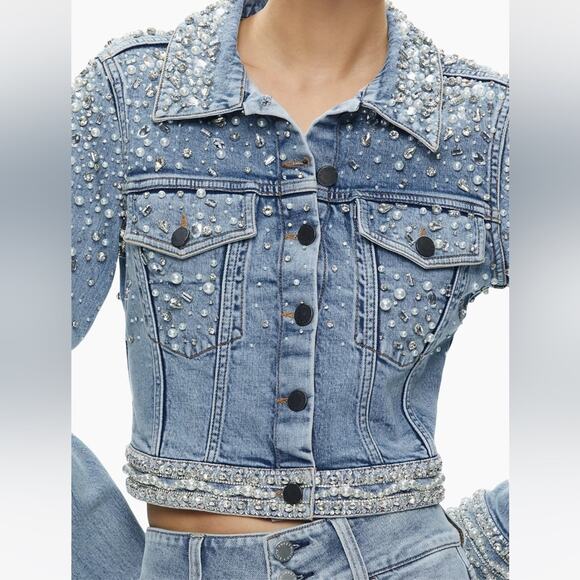 ALICE + OLIVIA Nelson Embellished Beaded Cropped Fitted Denim Jean Jacket Sm NEW - Picture 3 of 15